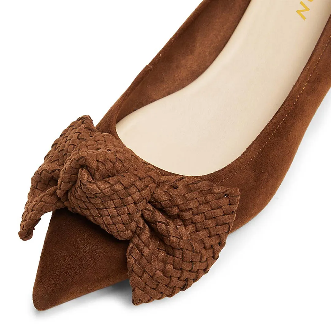 Classic Brown Vegan Suede Pointed Toe Woven Bow Kitten Heel Pumps