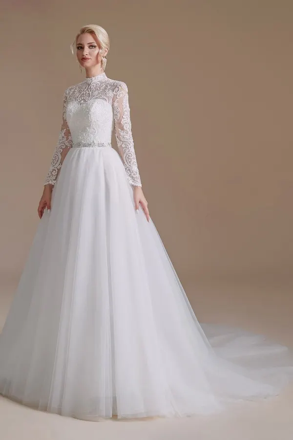 Modest A-Line Wedding Dress High Neck Long Sleeve