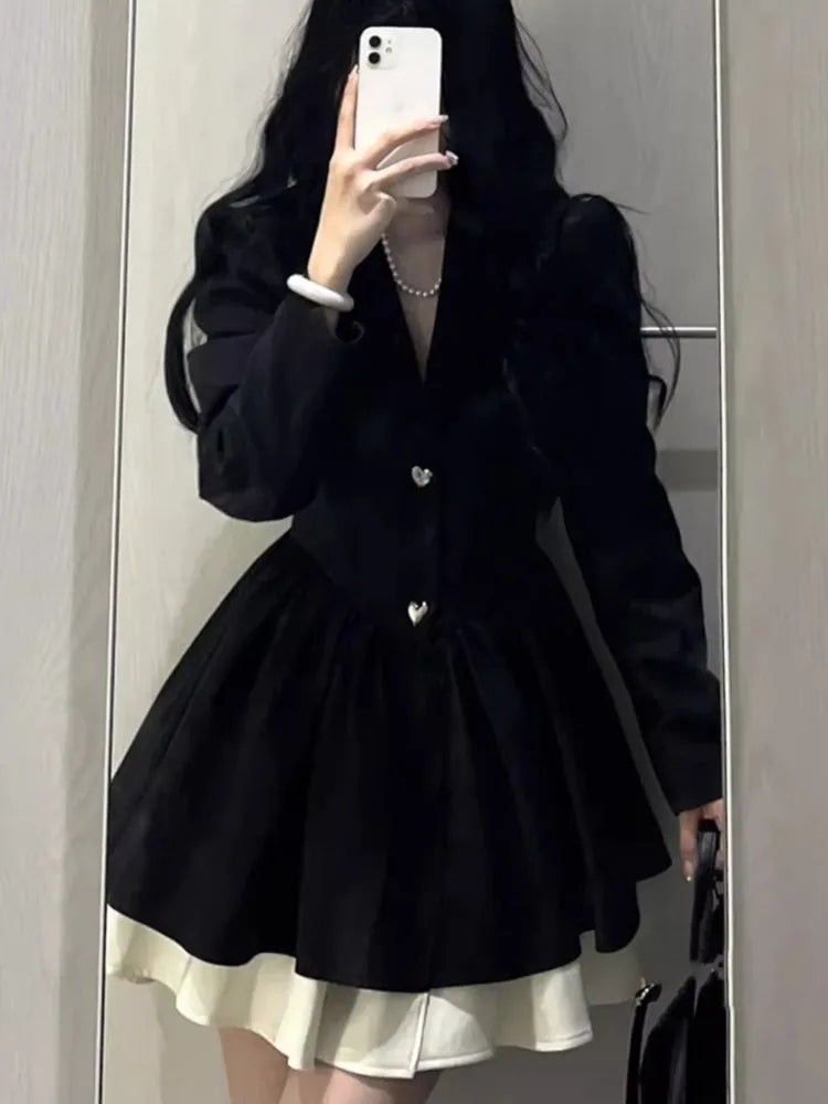 Aiertu Women's Black Patchwork Suit Dress Notched V-Neck Long Sleeve A-Line High Waist Autumn Elegant Office Lady Puffy Mujer Dress New Aiertu
