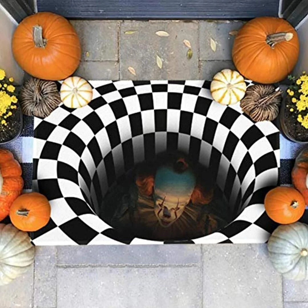 Halloween Area Rug, Black White Plaid3D Vortex Optical Illusion Rug Round Carpet Clown Doormat