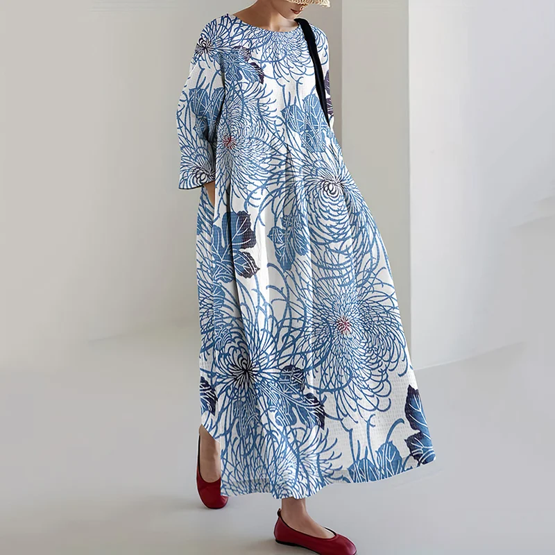 Japanese Art Chrysanthemum Print Loose Midi Dress