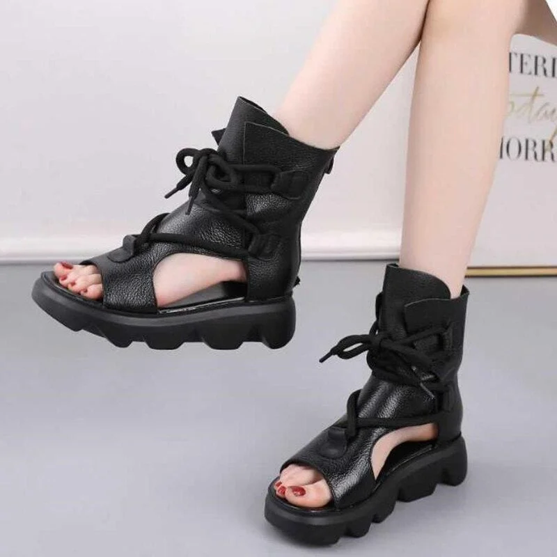 High Quality New Women Sandals Genuine PU Leather Summer Shoes Rome Platform Thick Bottomed Breathable Comfortable Women Sandals