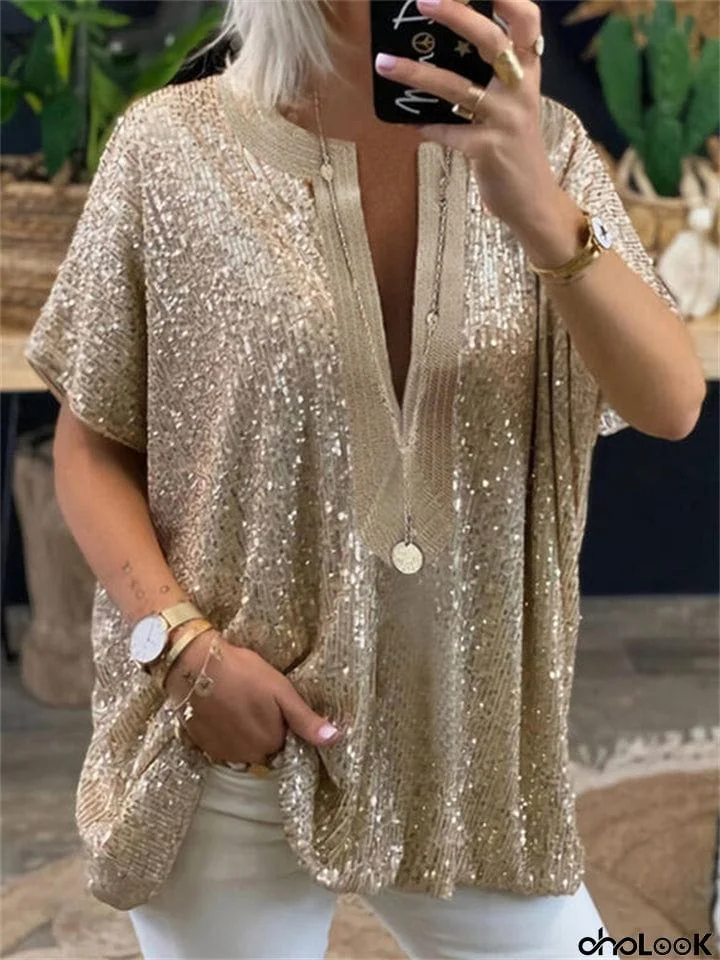 Women's Sexy Short Sleeve Deep V-neck Sequined Shirts