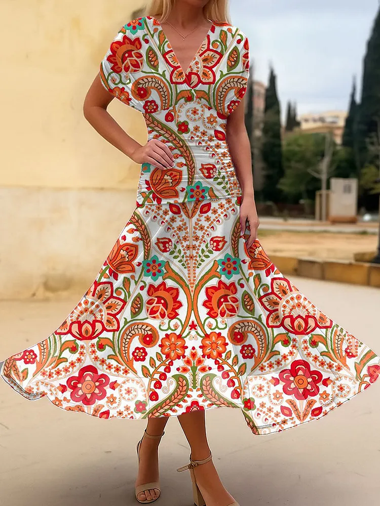 Women's Vintage Flower Art Print Flowy Casual Dress