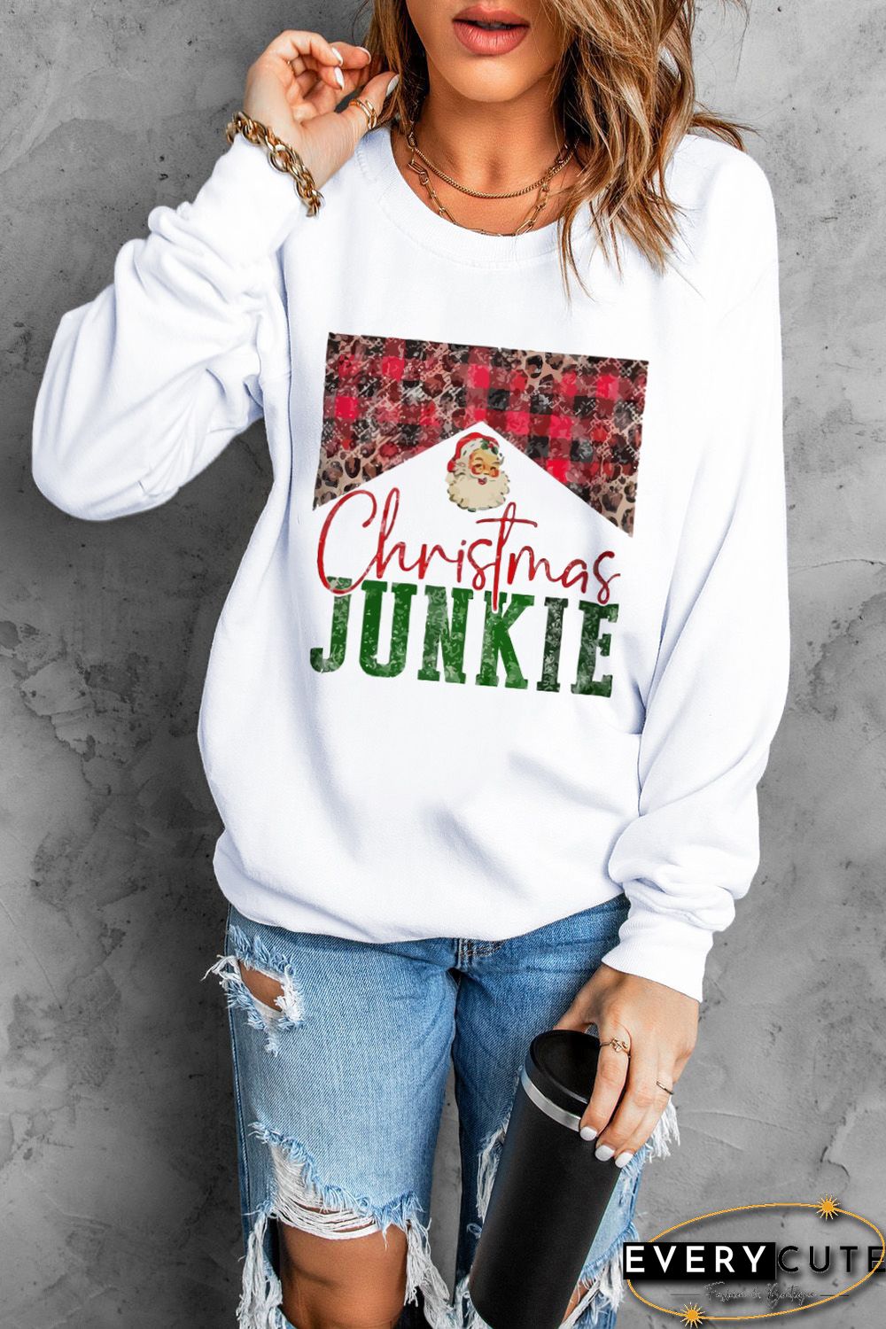 White Christmas JUNKIE Plaid Print Pullover Sweatshirt