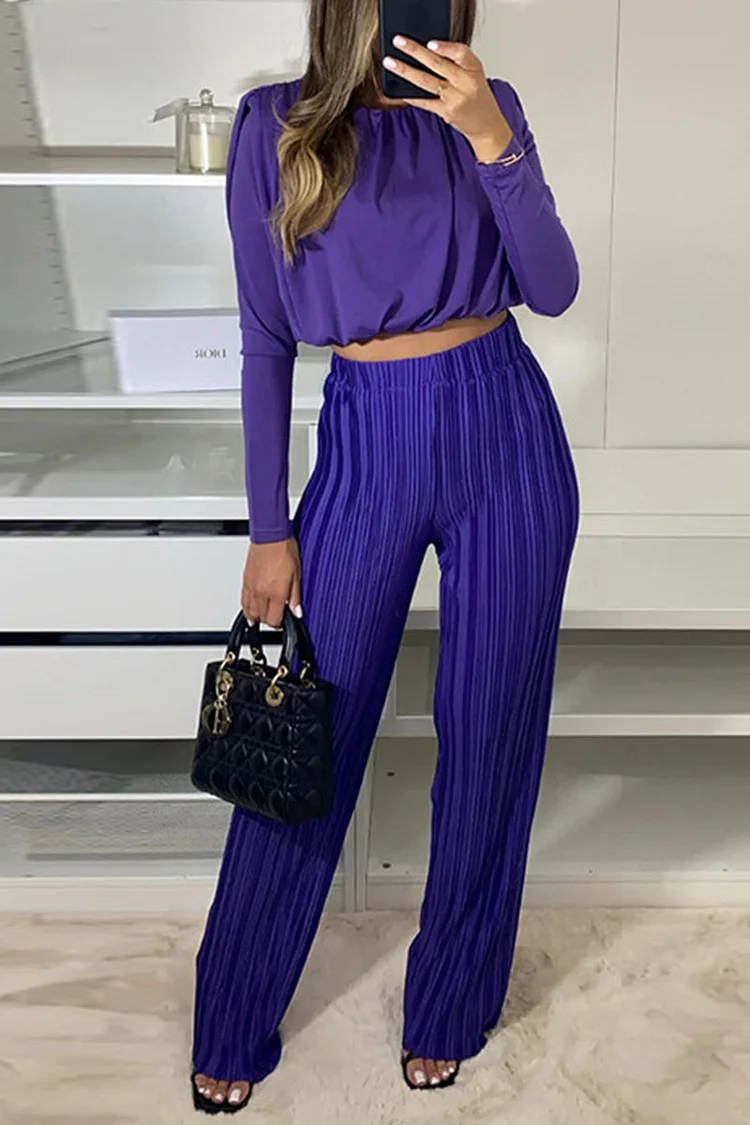 Solid O Neck Long Sleeve Two Pieces