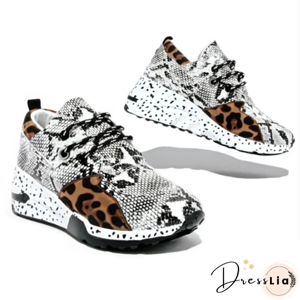 New Women Casual Shoes Breathable Ladies Sneakers Leopard Print Faux Fur Sneakers Lace-up Platform Sports Shoes Women