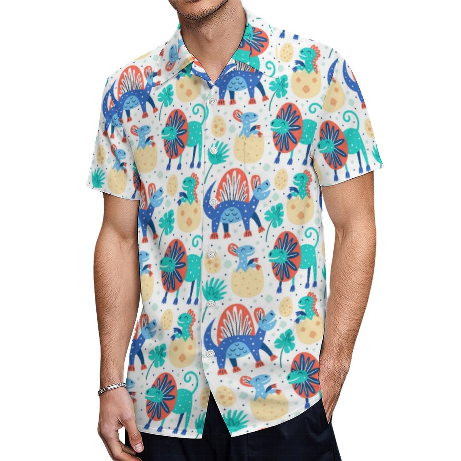 Cute And Colorful Dinosaurs Pattern Hawaiian Shirt Mens Button Down Plus Size Tropical Hawaii Beach Shirts
