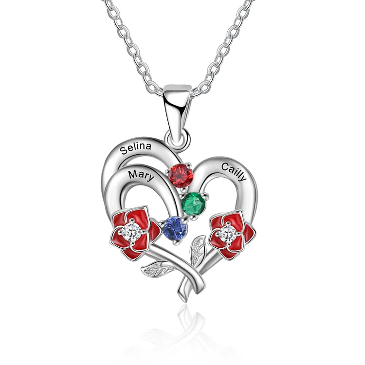 Personalized Heart Rose Necklace Custom 3 Birthstones for Her