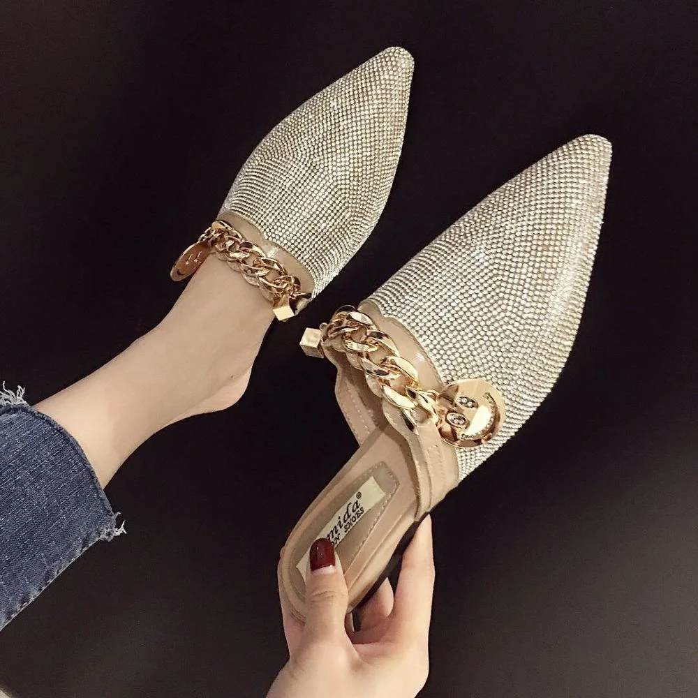 Comemore Slippers Female 2022 Metal Chain Rhinestone Shiny Bling Flat Sandals Slip-on Evening Party Slides Shoes Silver Pumps 43