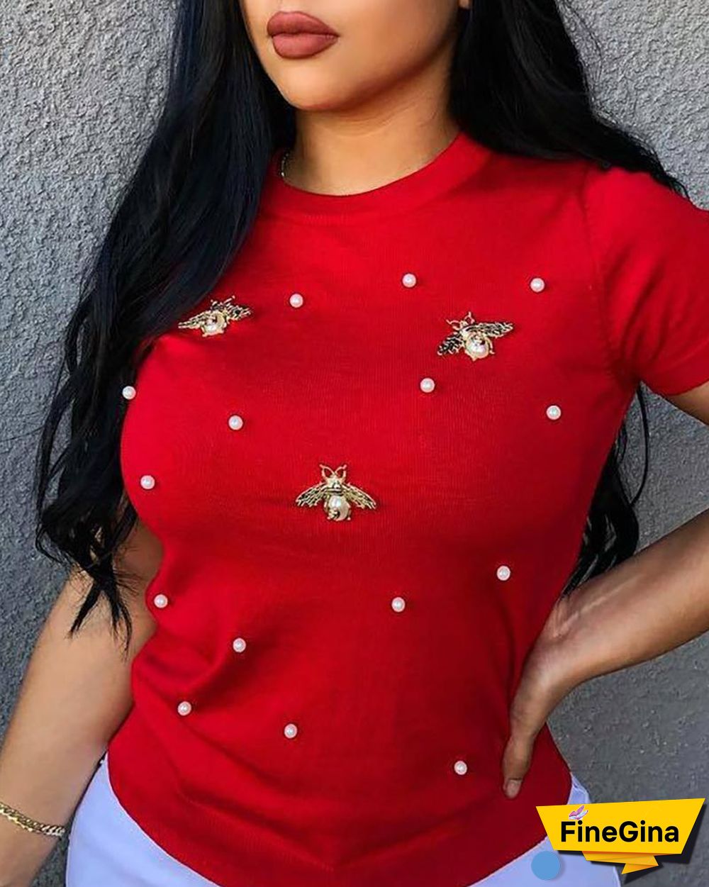 Beaded Detail Short Sleeve T-Shirt P10177