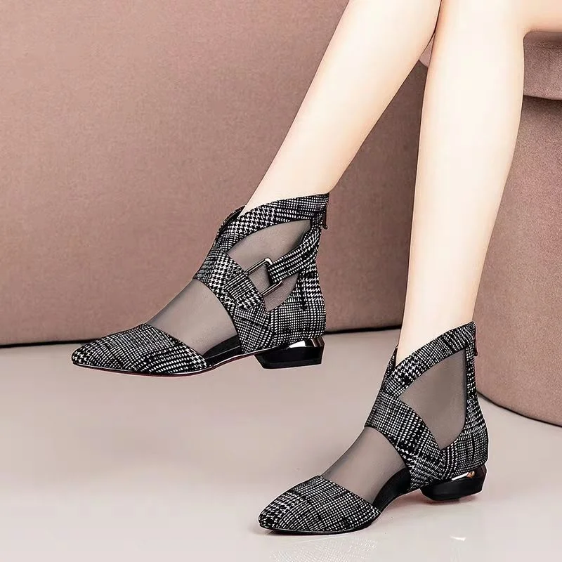 Spring New Single Shoes Women Low Heels Woman Ponited toe Mesh Shoes Buckle Side Hollow out Lattice Pattern Black Red