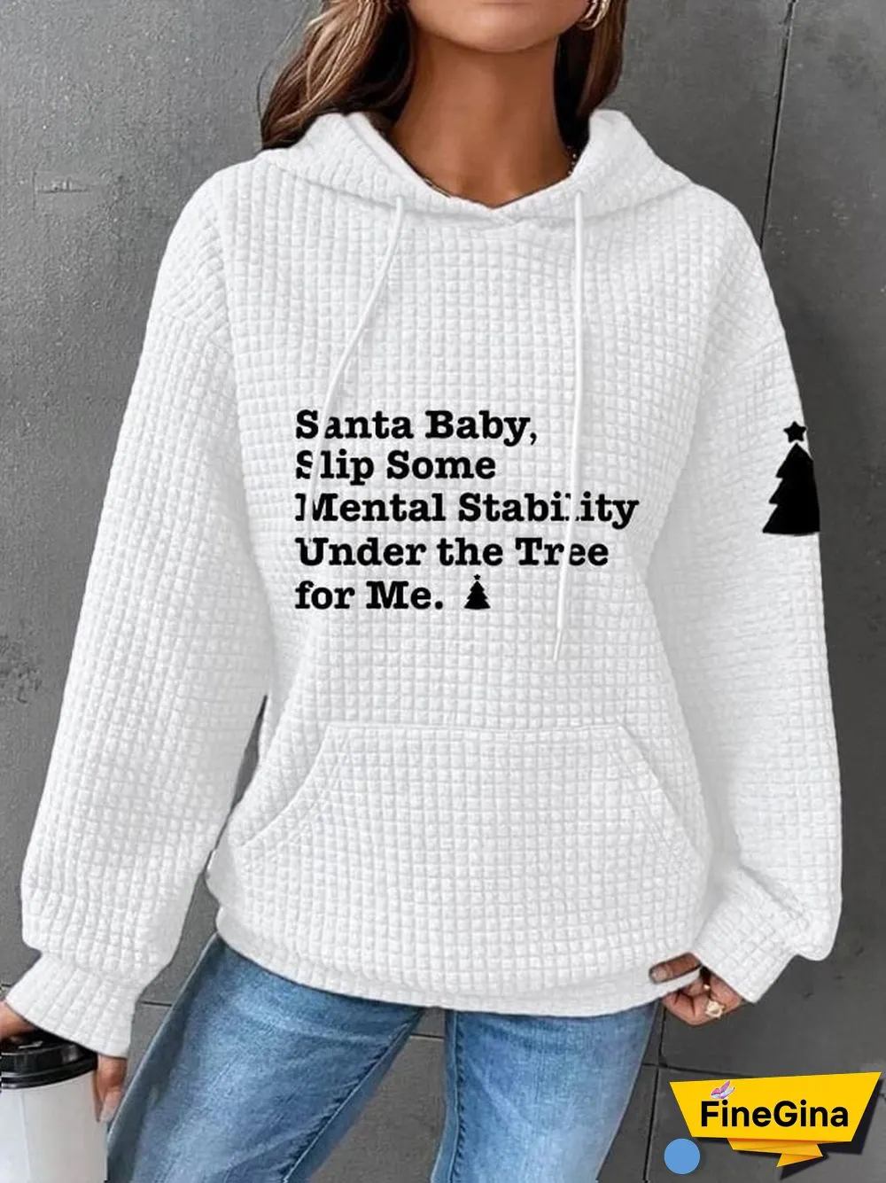 Under The Tree For Health Printed Waffle Hooded Sweatshirt-Womens Christmas Santa Baby