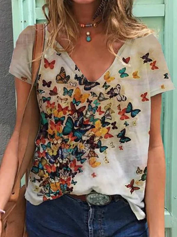 Butterfly Print V-Neck T-Shirt