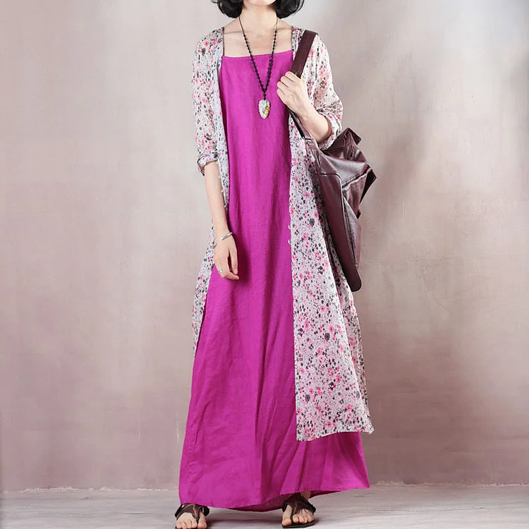 baggy pink print linen dresses plus size v neck side open traveling clothing fine half sleeve linen caftans