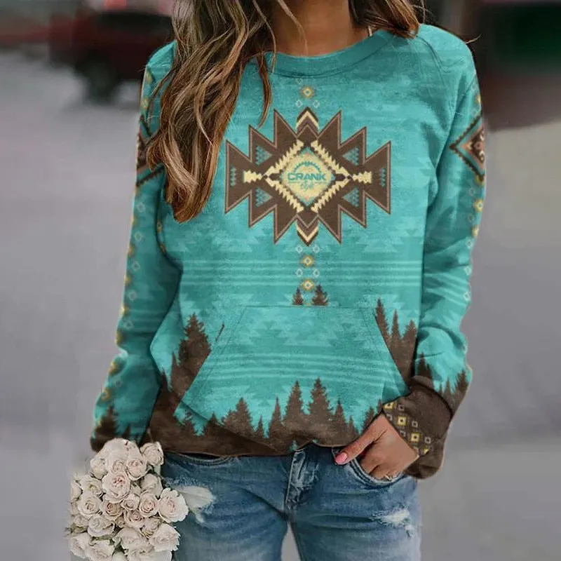 Vintage Print Sweatshirt Women Autumn Fashion Pocket O Neck Long Sleeve Streetwear Hoodies Female Plus Size Casual Pullovers