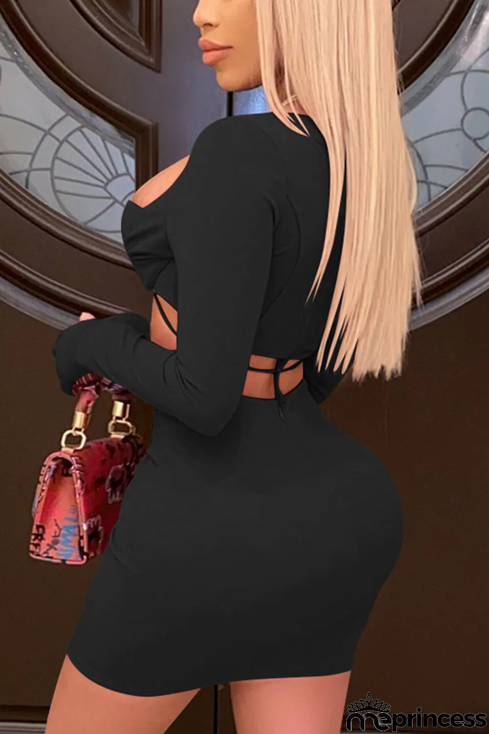 watermelon red Sexy Solid Split Joint U Neck Long Sleeve Two Pieces