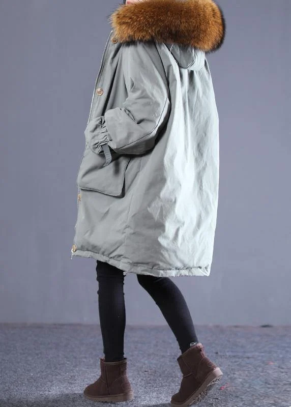 Casual gray green duck down coat oversize down jacket winter hooded zippered flare sleeve fur collar outwear