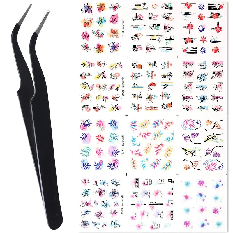 Harunouta Water Decals Stickers Summer Simple Green Leaves Butterfly Geometric Lines Flowers Nail Art Decorations Manicures