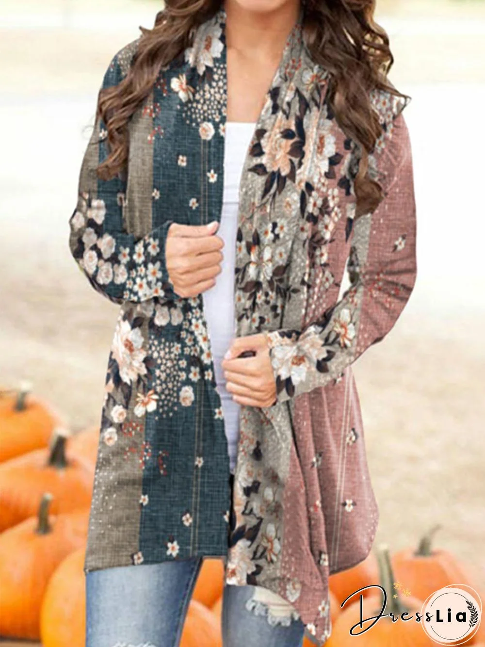 Floral Long Sleeve Plus Size Casual Cardigan