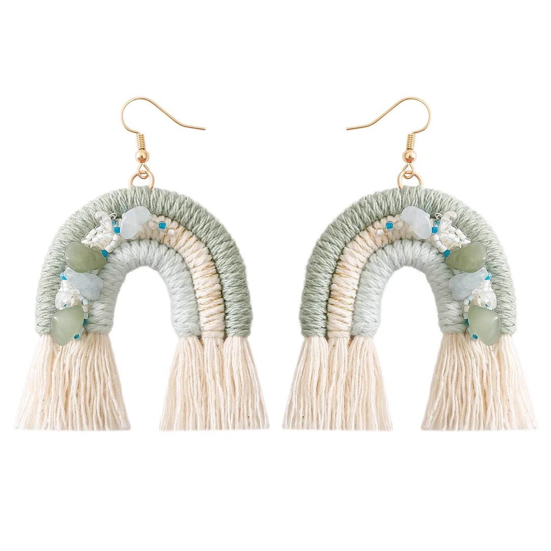 Dvacaman Ethnic Handmade Weave Macrame Earrings Cotton Thread Feather Fringe Tassel Earrings Wedding Jewelry Women Accessories