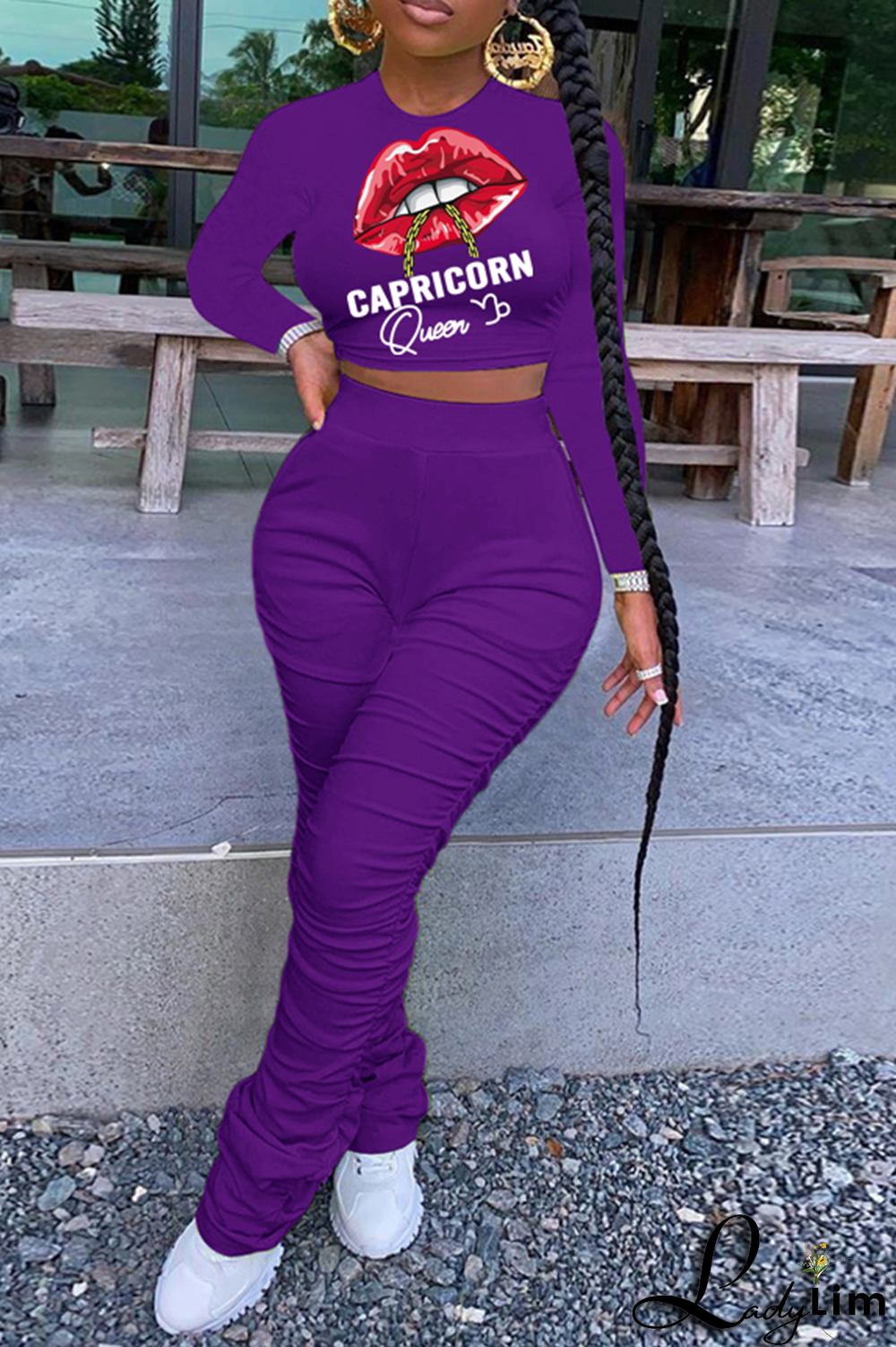 Green Fashion Lips Printed Patchwork O Neck Long Sleeve Two Pieces