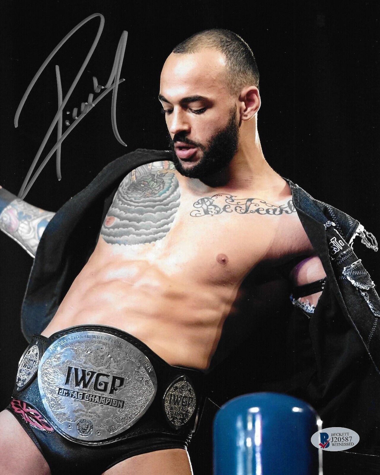 Ricochet Signed 8x10 Photo Poster painting BAS COA New Japan Pro Wrestling w/ Tag Team Belt WWE