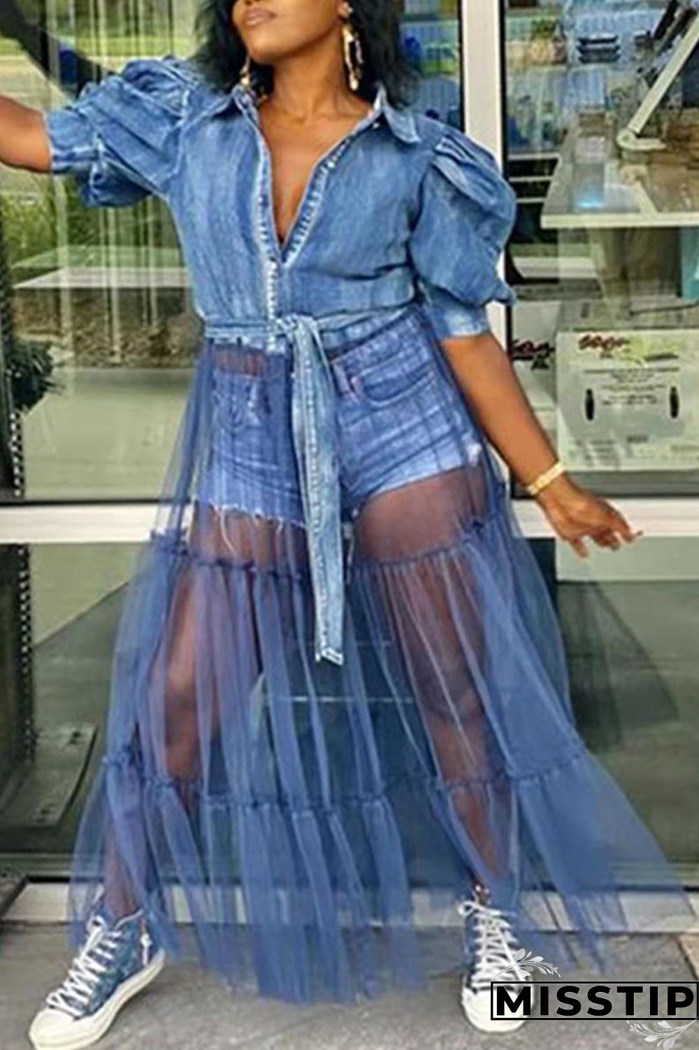 Deep Blue Fashion Casual Plus Size Patchwork Mesh Turndown Collar Short Sleeve Dress