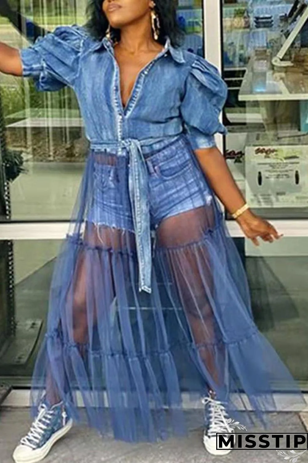 Deep Blue Fashion Casual Plus Size Patchwork Mesh Turndown Collar Short Sleeve Dress