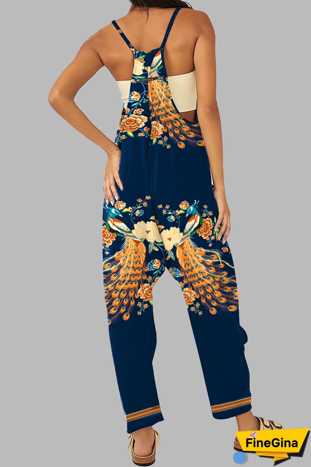 Black khaki Casual Gradual Change Print Patchwork Pocket Zipper Spaghetti Strap Loose Jumpsuits