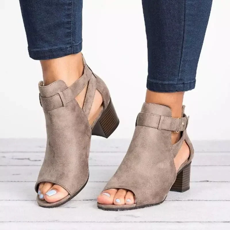 Yyvonne Spring And Summer New Thick Heel High-Heeled Sandals Women's Large-Size Hollow Women's Shoes Zippered Women's Sandals