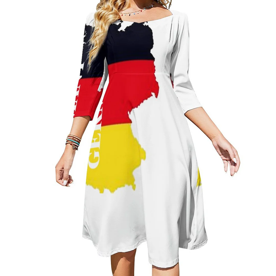 Cool White Germany Flag Pattern Sexy Hot Design Dress Sweetheart Tie Back Flared 3/4 Sleeve Midi Dresses