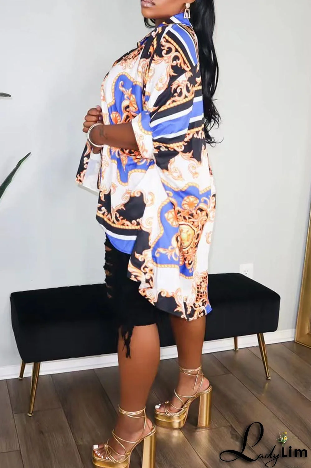 Black Casual Print Split Joint Buckle Turndown Collar Tops