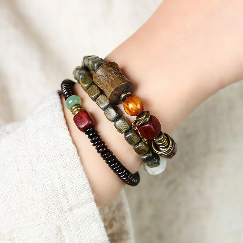 Green Sandalwood Ebony Om Mani Padme Hum Engraved Peace Triple Wrap Bracelet