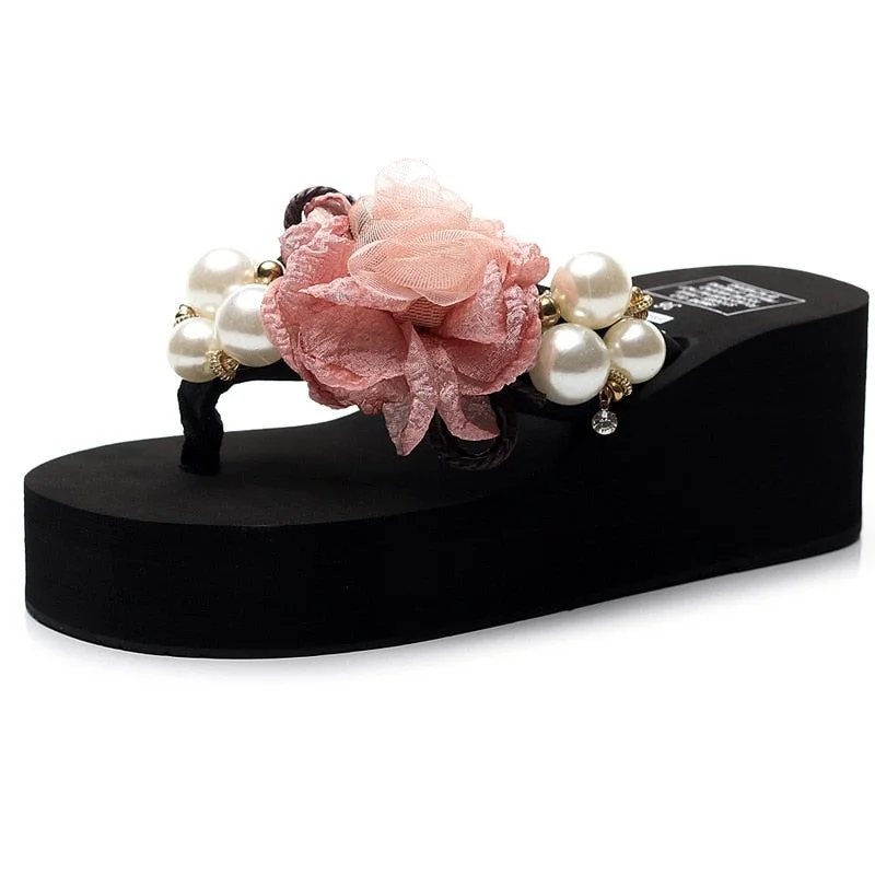 6cm High Heel Women's Summer Pearl Korean Slope with Flip-flops Women's Platform Sandals Vacation Travel Sandals Womans Shoes