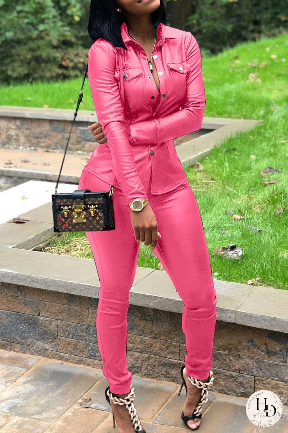 Wine Red Elastic Fly Long Sleeve Mid Print Patchwork pencil Pants