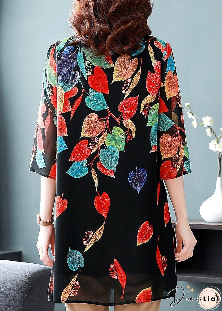 Style Black Button Print Patchwork Chiffon Shirt Tops Summer