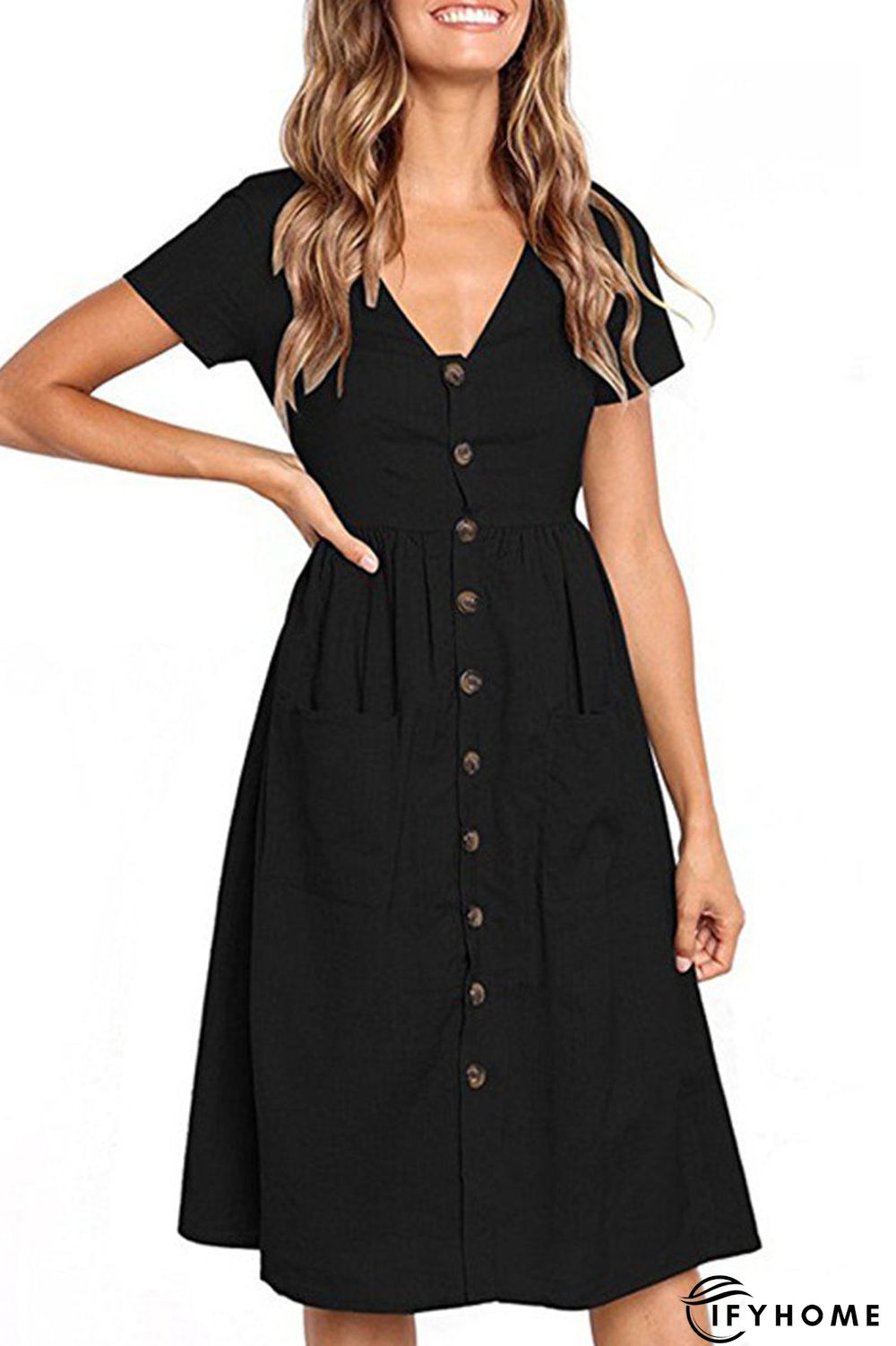 V-Neck Button Pocket Short Sleeve Midi Dress | IFYHOME