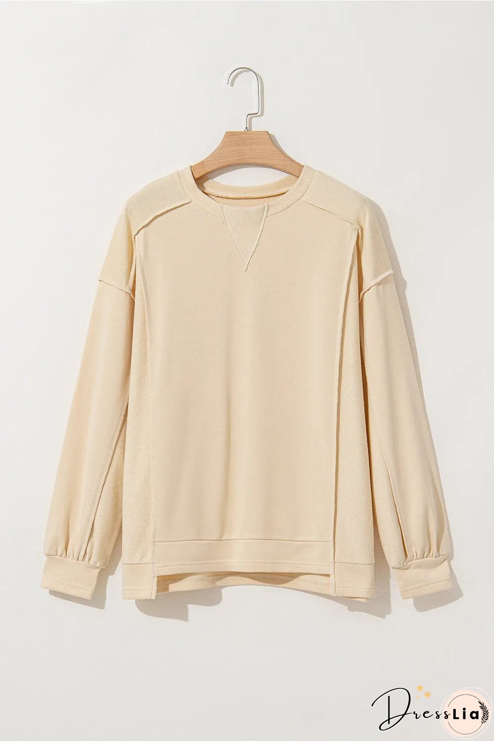 Beige Splicing Round Neck Pullover Sweatshirt