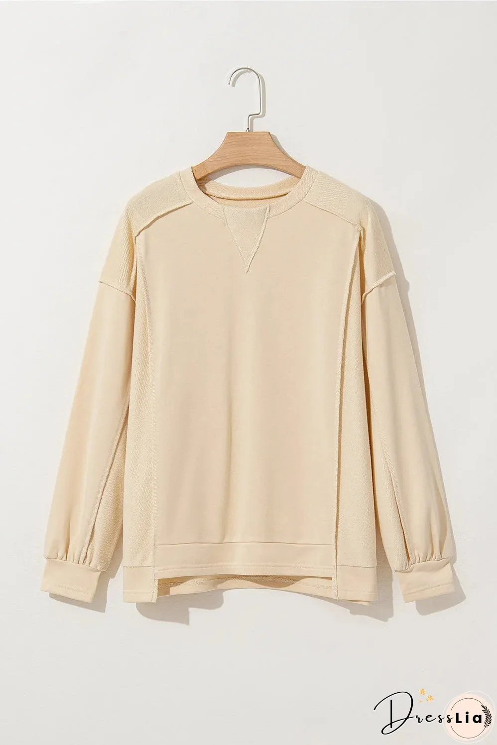 Beige Splicing Round Neck Pullover Sweatshirt