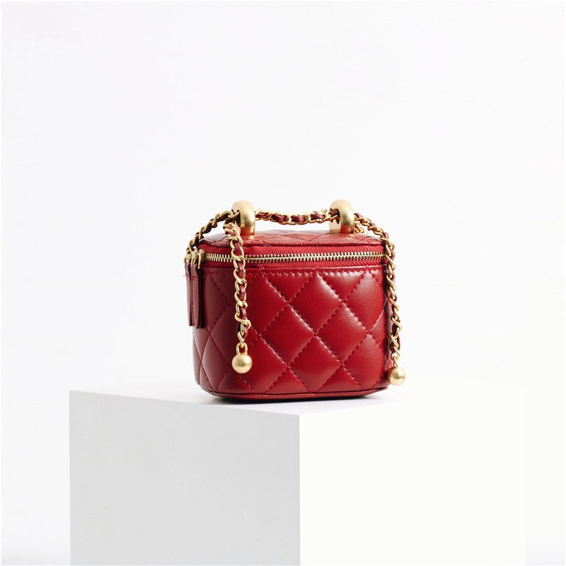 Genuine Leather Women’s Bag Spring New Arrival Sheepskin High-Grade Rhombic Mouth Red Bag Cosmetic Bag