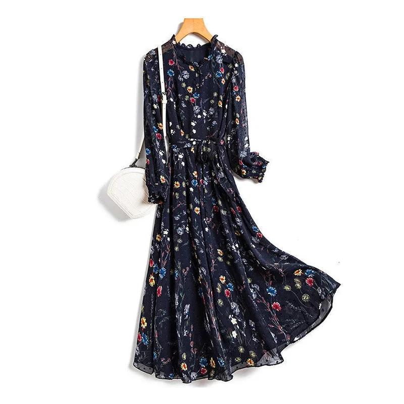 Chiffon floral dress female large size 2021 spring and autumn new style Korean fashion retro thin lace mid-length casual dress