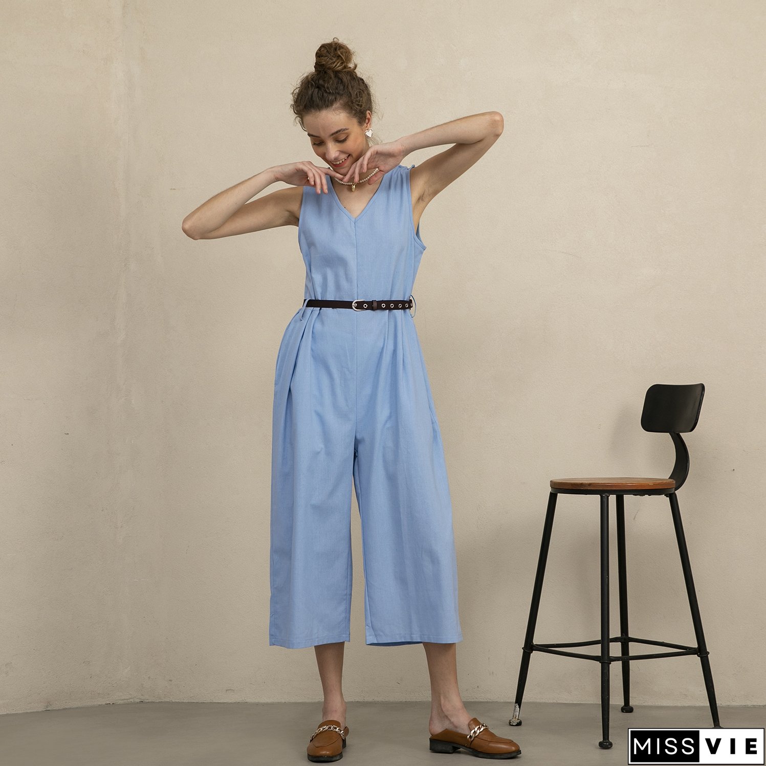 Women's Sleeveless V-Neck Cotton Linen Jumpsuit