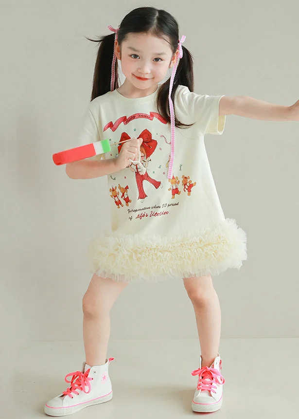 Lovely Apricot Print Patchwork Cotton Girls Mid Dress Summer