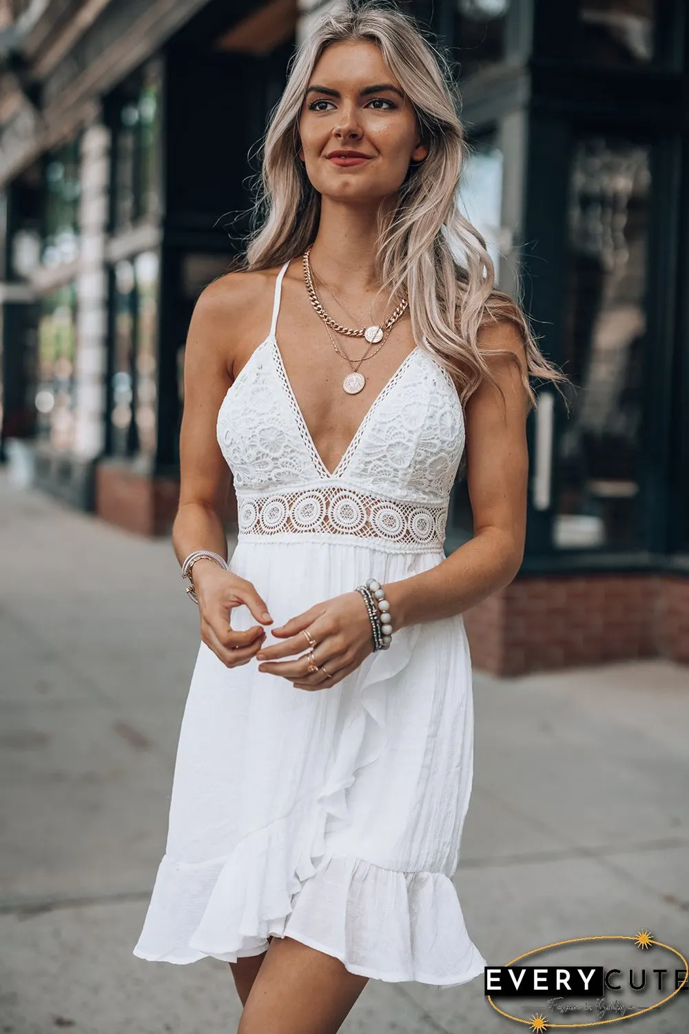 White Lace Detail Spaghetti Straps Ruffled Mini Dress