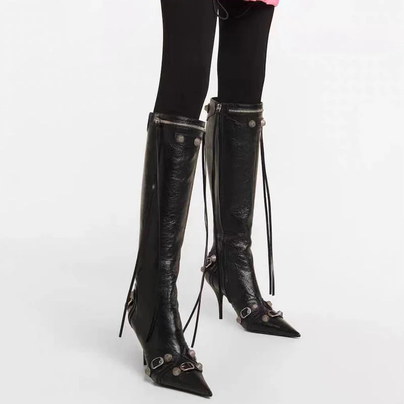 Women's Pointed Toe Stiletto Metal Rivet Motorcycle Belt Buckle Tassel Plus Size Vintage Knee High Boots Novameme