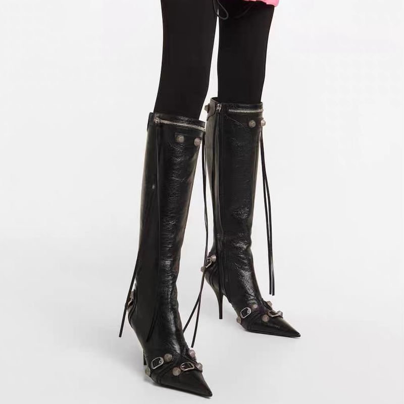 Women's Pointed Toe Stiletto Metal Rivet Motorcycle Belt Buckle Tassel Plus Size Vintage Knee High Boots Novameme