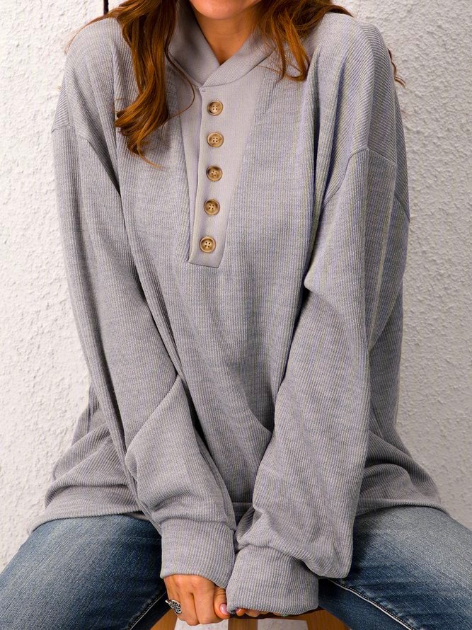 Plus Size Plain V Neck Casual Buttoned Sweater