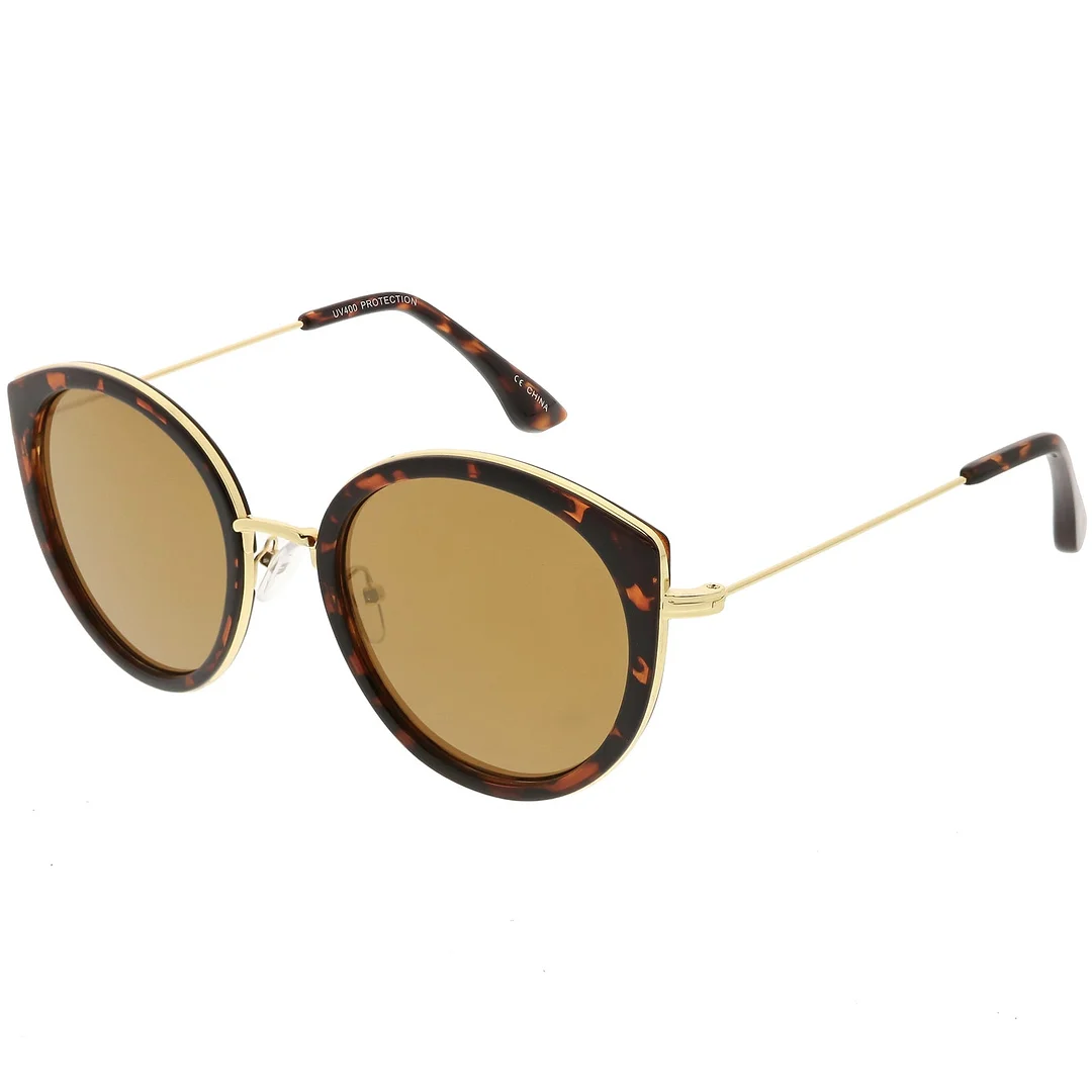 Modern Cat Eye glasses Metal Trim Round Colored Mirror Flat Lens 53mm