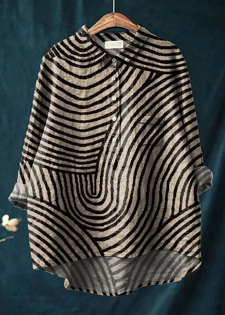 Womens Circular Line Pattern Print Casual Cotton And Linen Shirt
